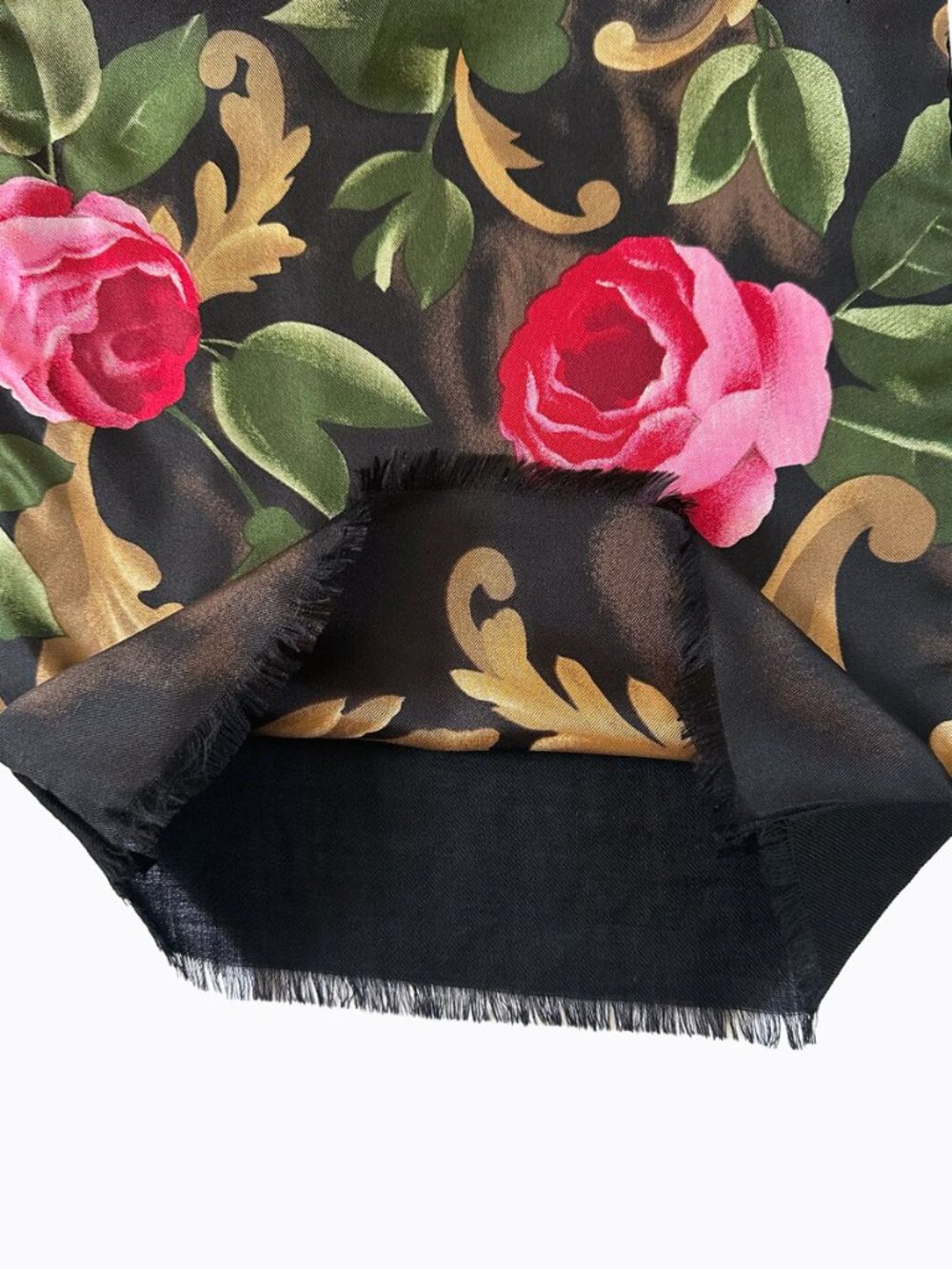Vtg Black Floral Rose Silk Wool Scarf Baroque Oblong Fringe Whimsigoth Romantic - Picture 4 of 7